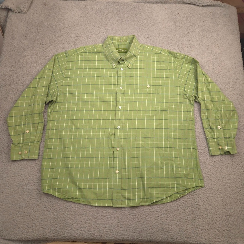 Orvis Button Front Shirt Men's XXL Green Windowpane Plaid Cotton Casual